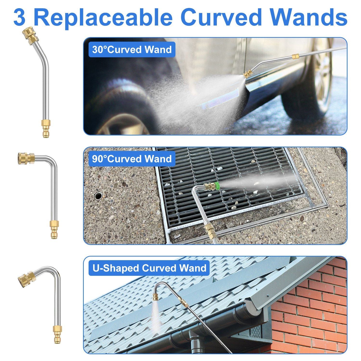 Three replaceable curved wands for pressure washers: a 30° curved wand cleaning a car, a 90° curved wand clearing debris from a drain, and a U-shaped curved wand rinsing gutters.