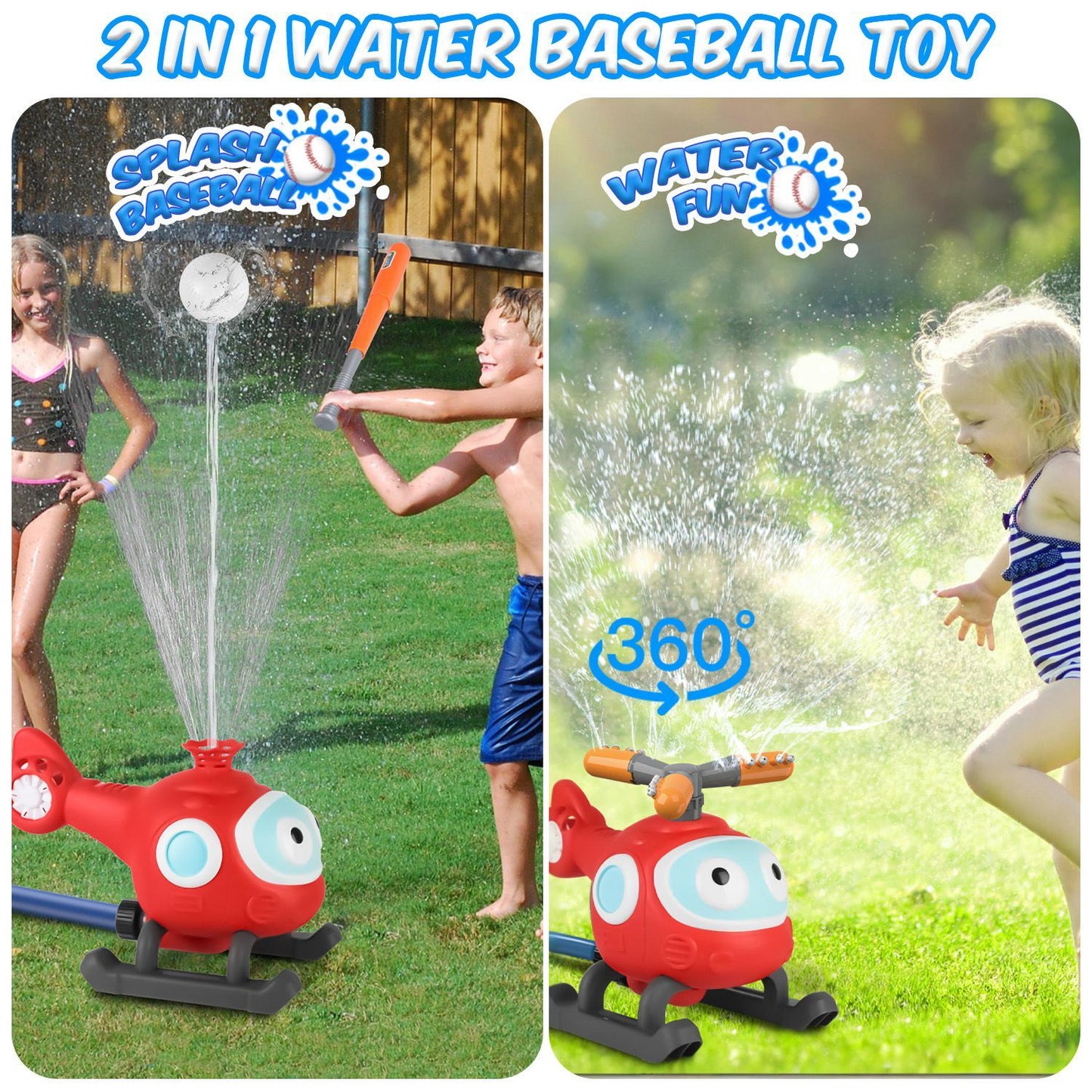 2-in-1 water baseball toy featuring a playful red helicopter design, designed for outdoor fun; includes a splash baseball game and sprinkler, ideal for kids enjoying summer activities in the backyard.