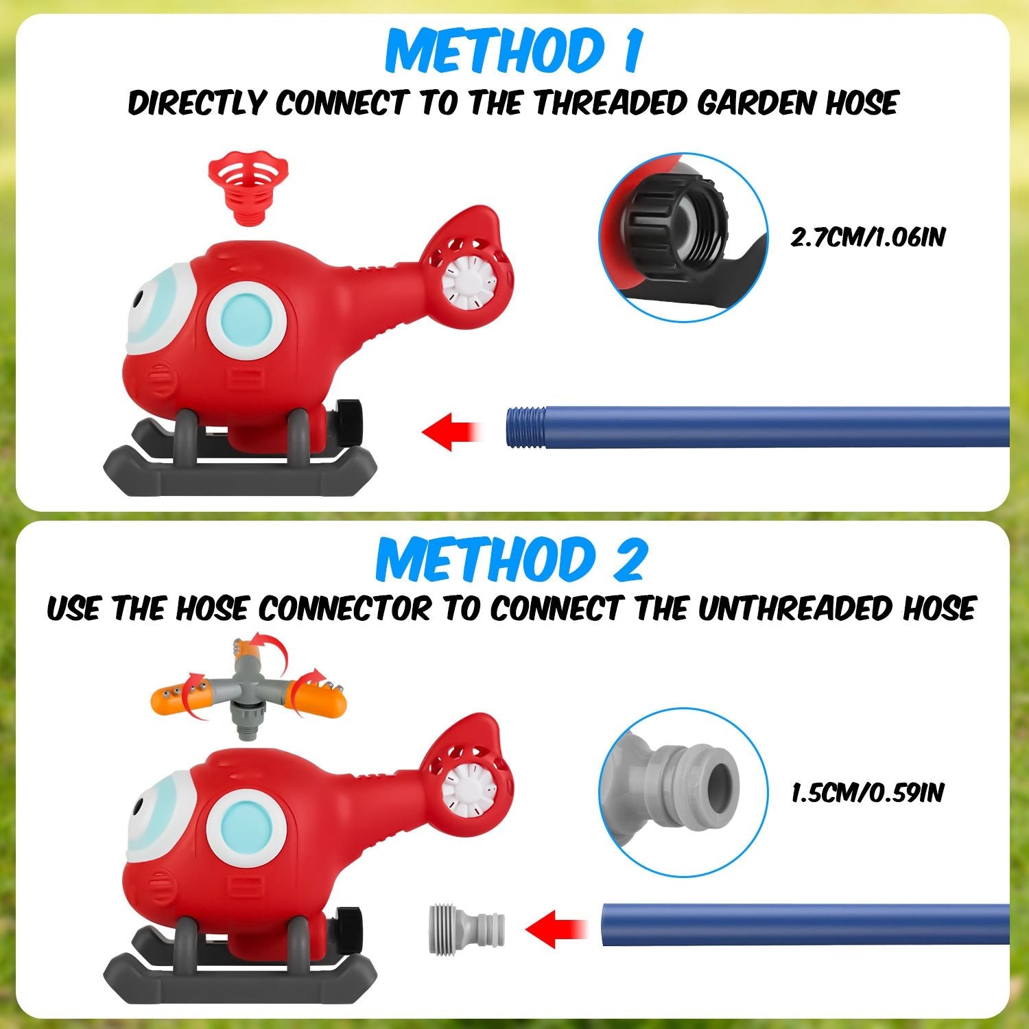Colorful garden watering helicopter with two connection methods, demonstrating threaded and unthreaded hose attachments with clear dimensions for easy installation.