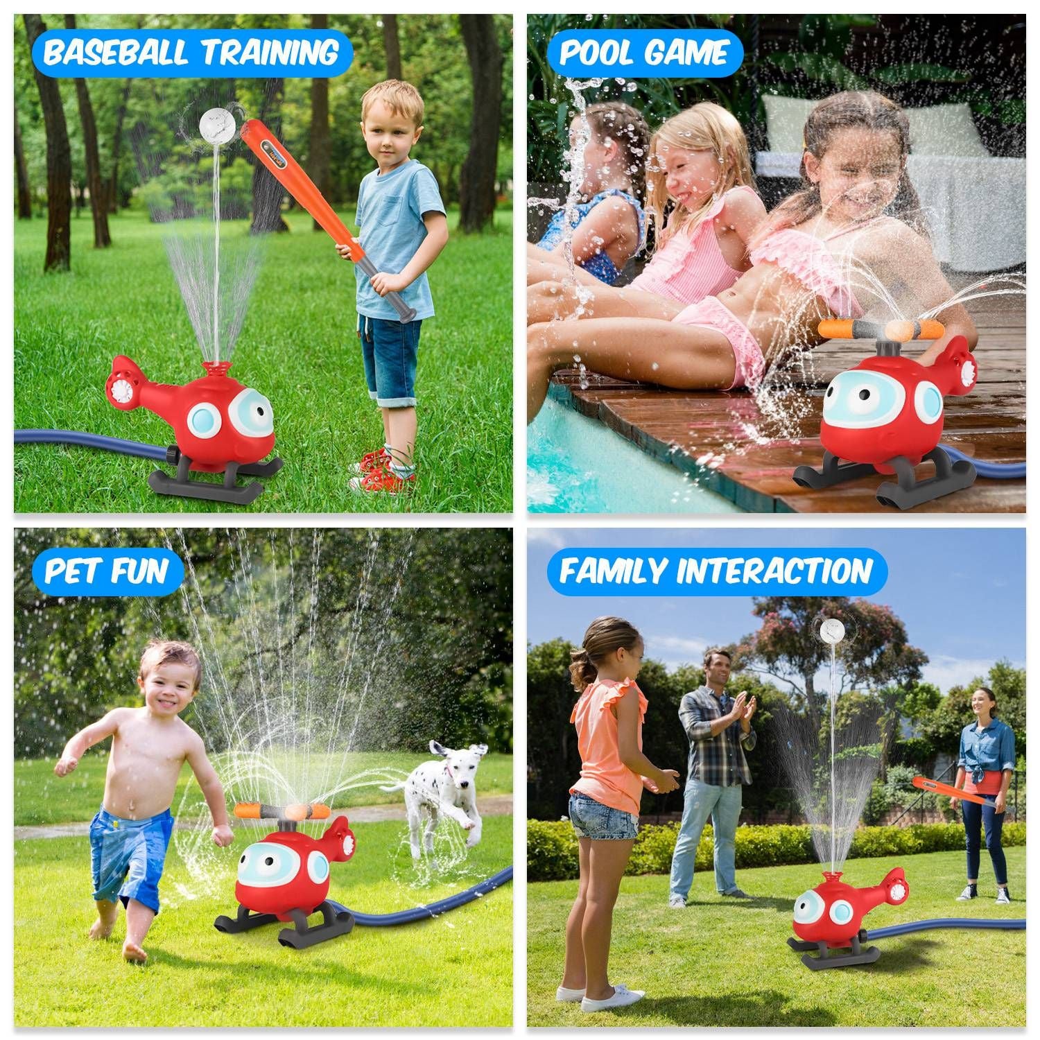 Interactive water sprinkler toy for kids offering fun activities like baseball training, pool games, pet playtime, and family interaction in a backyard setting.