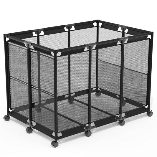 Portable black pet playpen with mesh panels and wheels for easy mobility