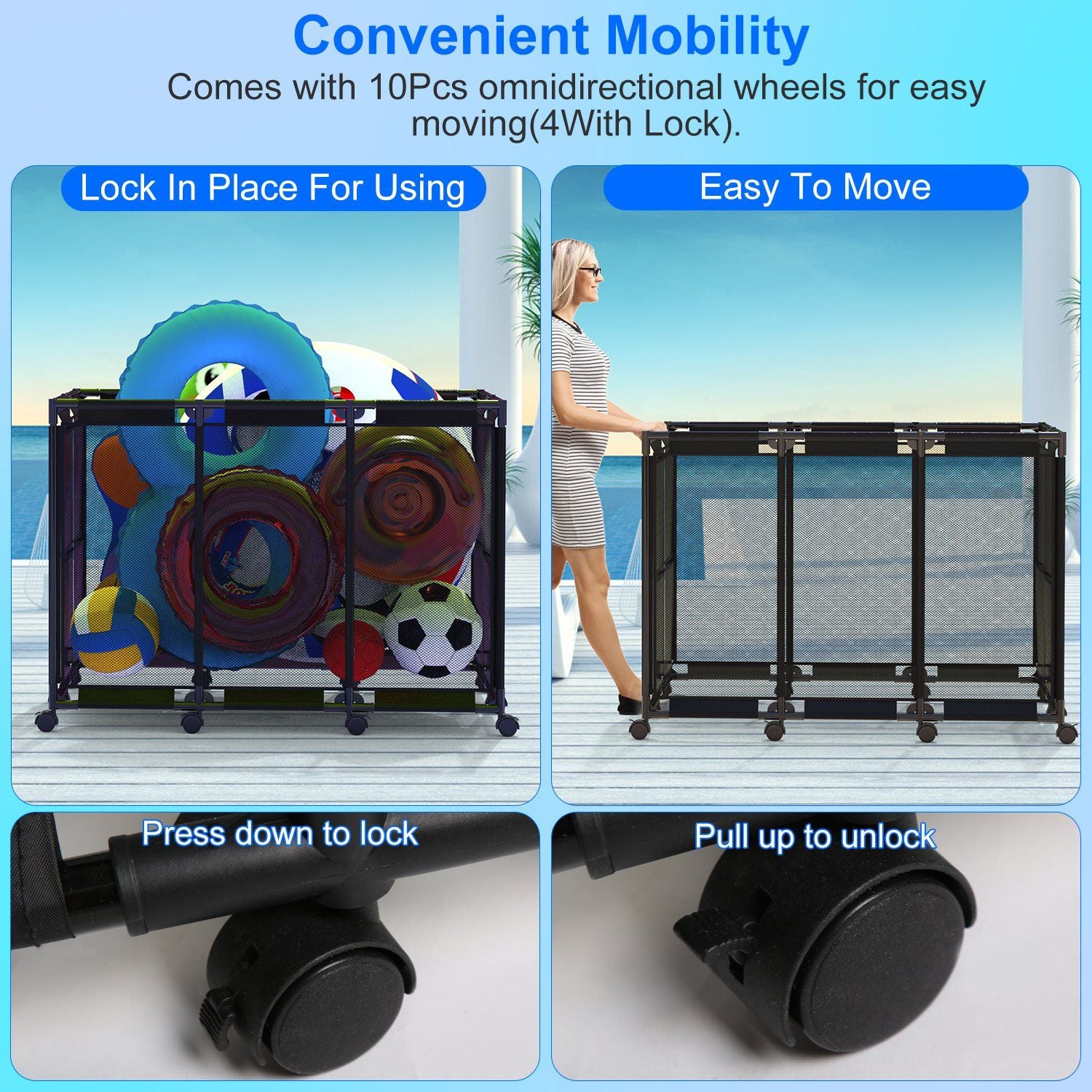 Omnidirectional wheeled storage cart with sports balls and pool floats, featuring a practical locking mechanism, designed for easy movement and organization.