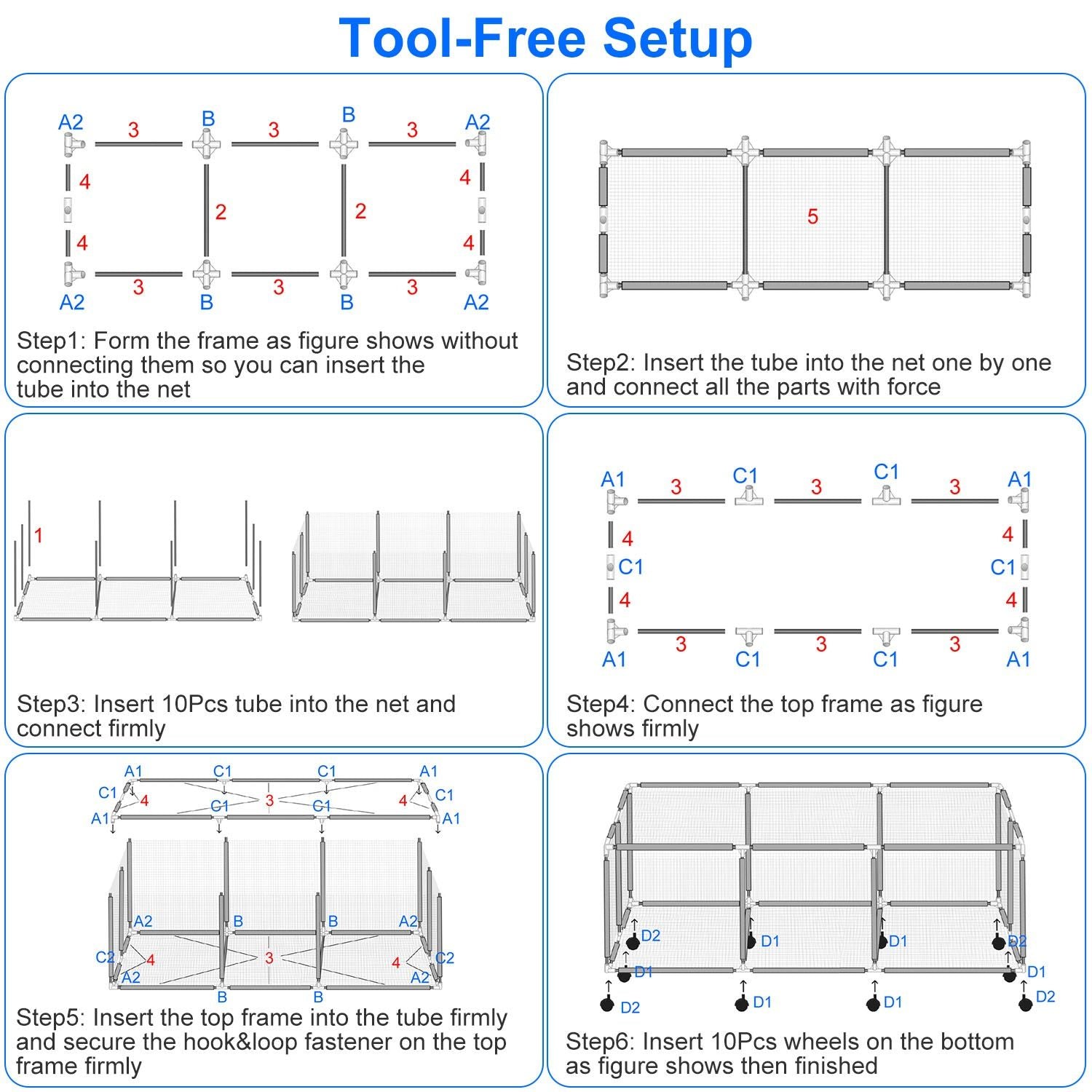 Assembly instructions for a tool-free setup of a portable net fence, showing six steps with diagrams for each stage, including forming the frame, inserting tubes, and securing the top frame and wheels.