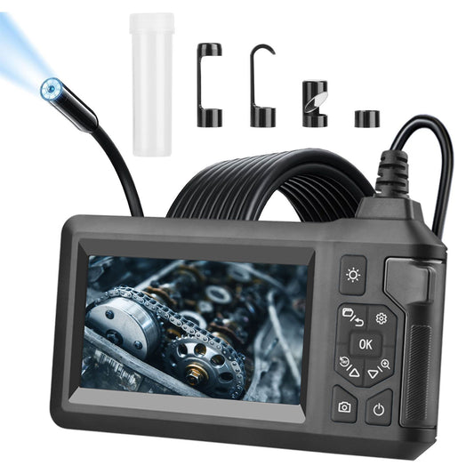 High-definition endoscope camera with a 4.3-inch LCD display, flexible cable, and multiple attachments for inspecting hard-to-reach areas, ideal for automotive and home repairs.