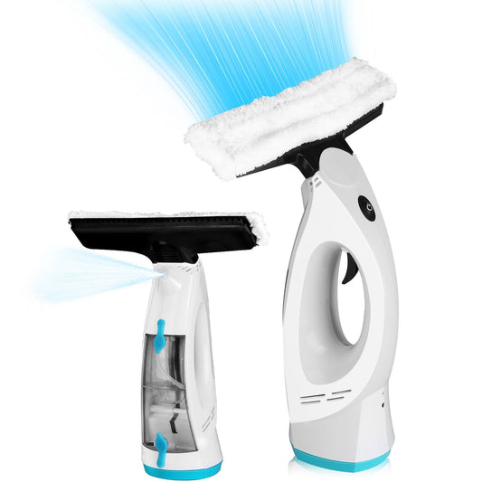 Electric window squeegee with spray function and detachable microfiber cleaning pad, designed for efficient window cleaning.