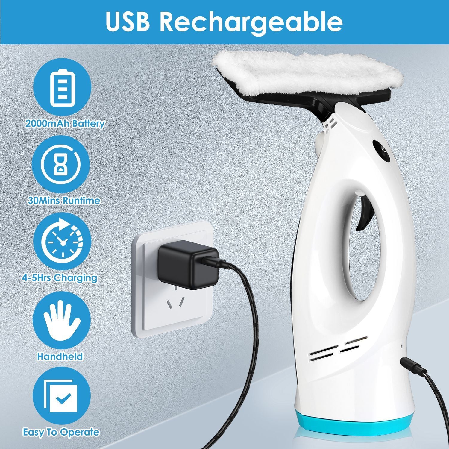 USB rechargeable handheld electric window cleaner with 2000mAh battery, providing 30 minutes of runtime, featuring easy operation and compact design.