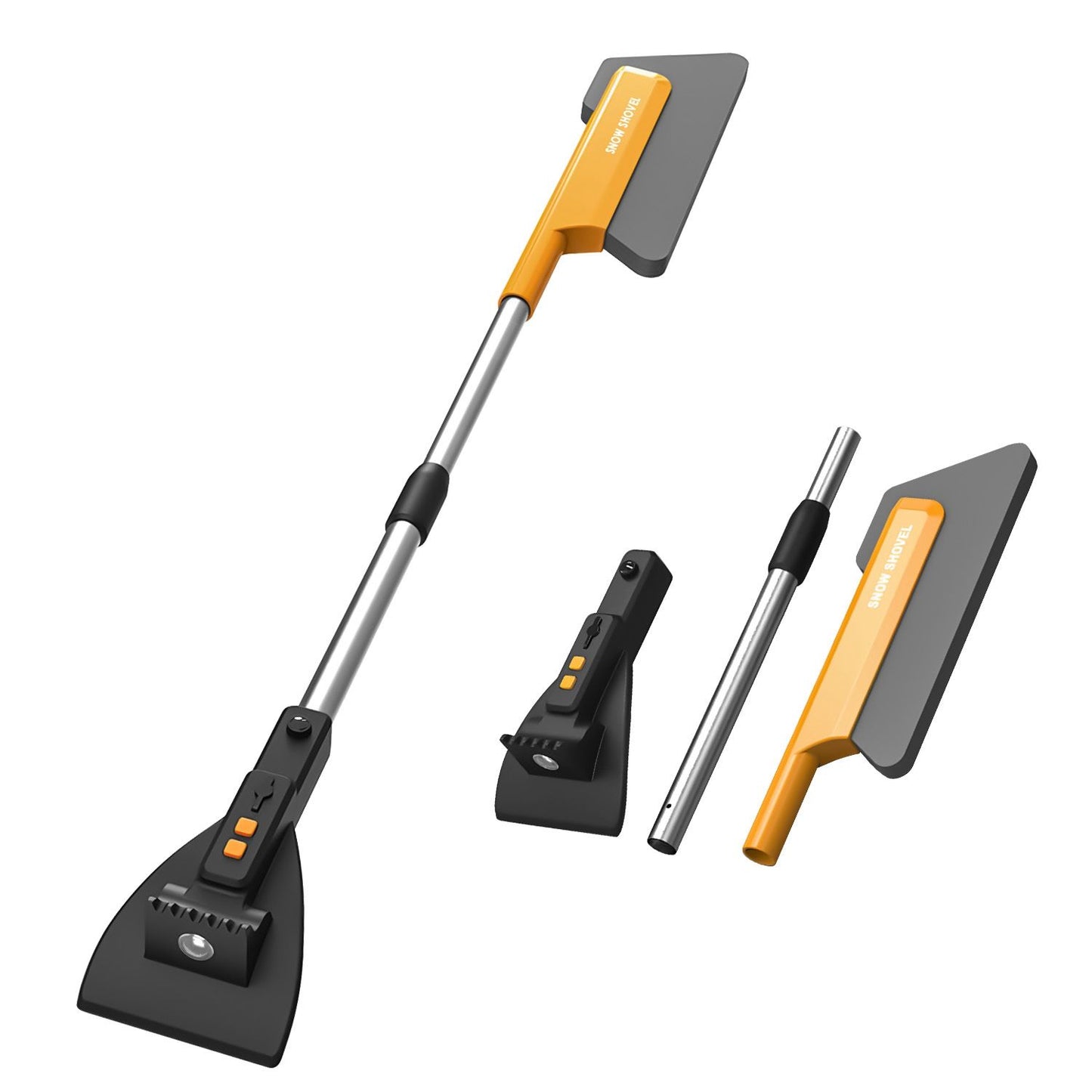 Multi-functional tool set featuring an extendable pole, interchangeable scraper and grout removal attachments, designed for efficient cleaning and maintenance.