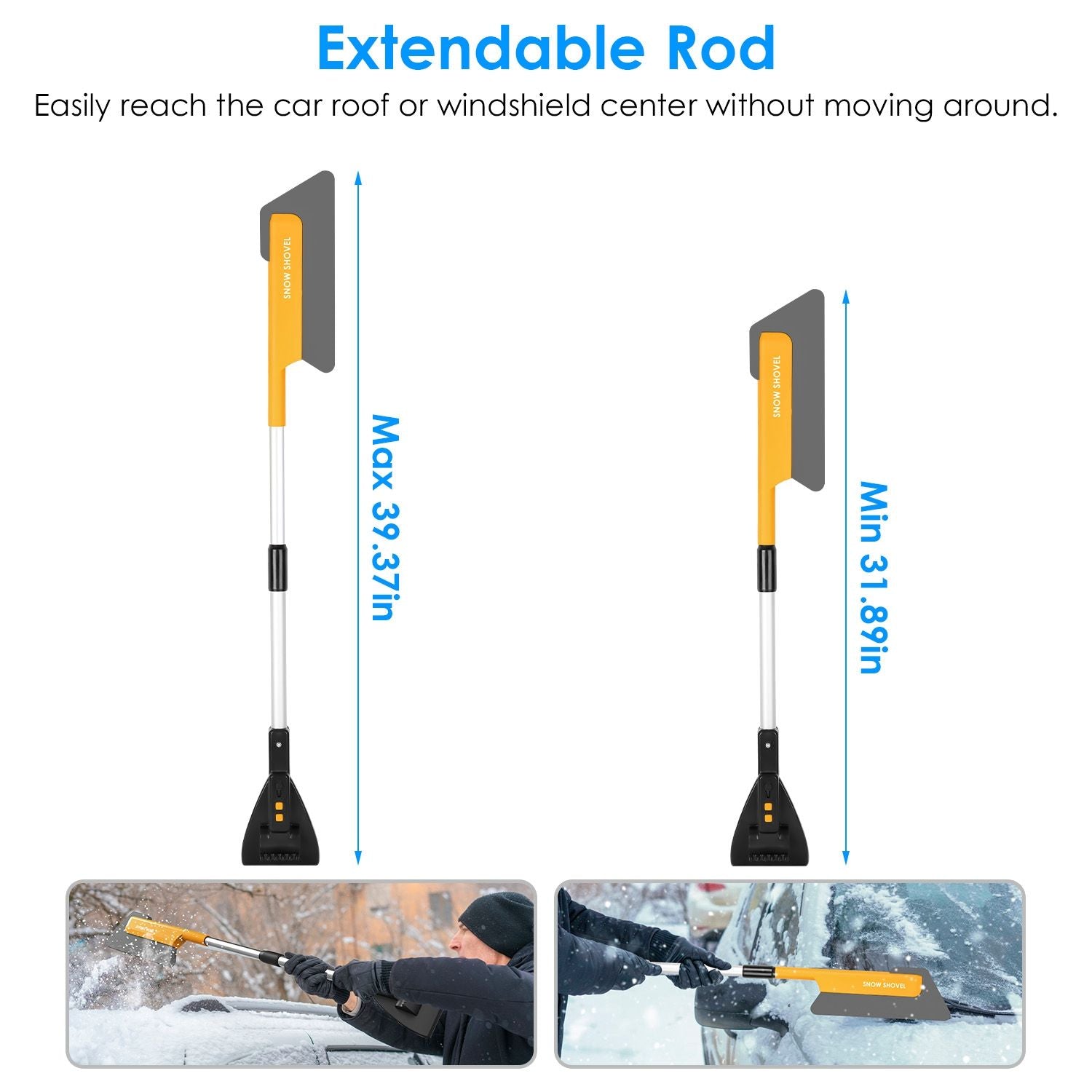 Extendable car snow scraper with adjustable length ranging from 31.89 inches to 39.37 inches, featuring a sturdy design to easily clear snow from car roofs and windshields.