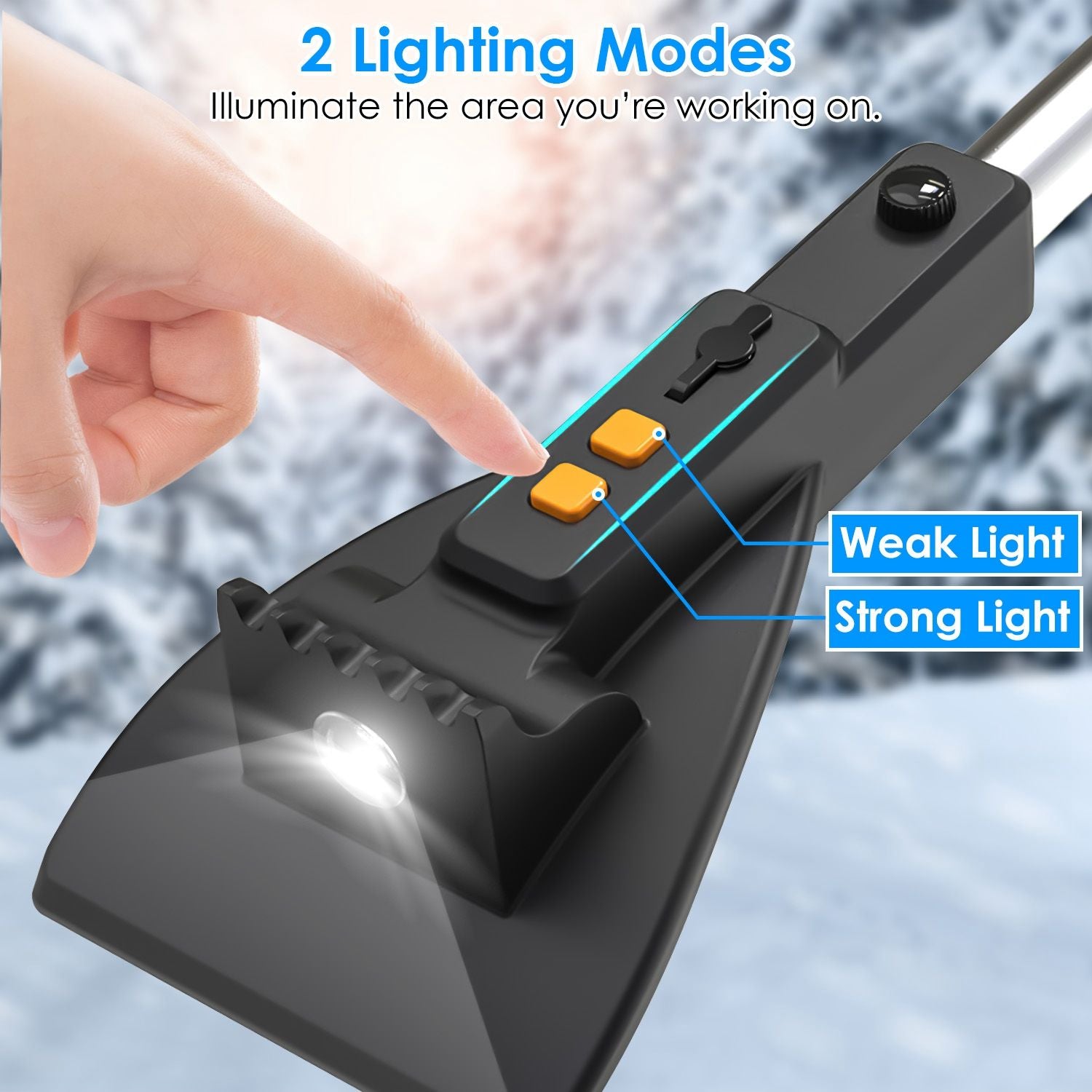 Close-up of a hand pressing buttons on a versatile tool featuring two lighting modes: weak light and strong light, designed for illuminating work areas in low visibility conditions.