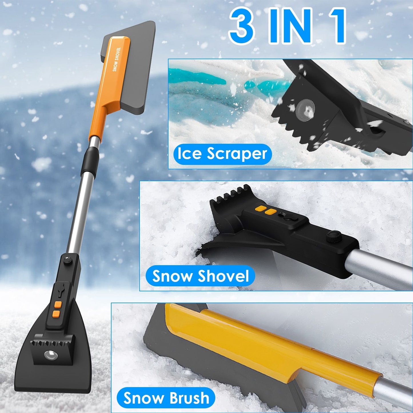 3-in-1 winter tool featuring an ice scraper, snow shovel, and snow brush, designed for efficient snow and ice removal in cold weather conditions.