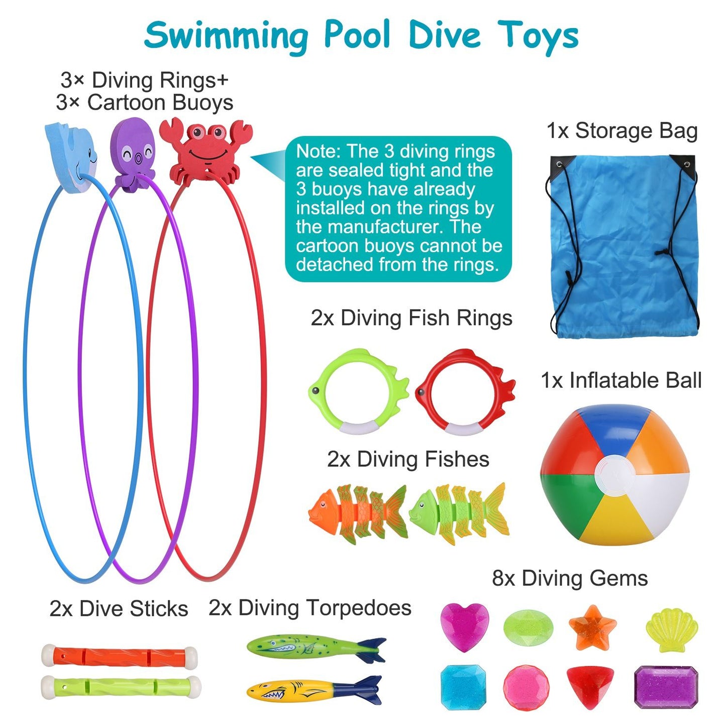 Colorful swimming pool dive toys set including diving rings, cartoon buoys, diving fish rings, inflatable ball, dive sticks, torpedoes, and diving gems, all arranged on a blue storage bag background.