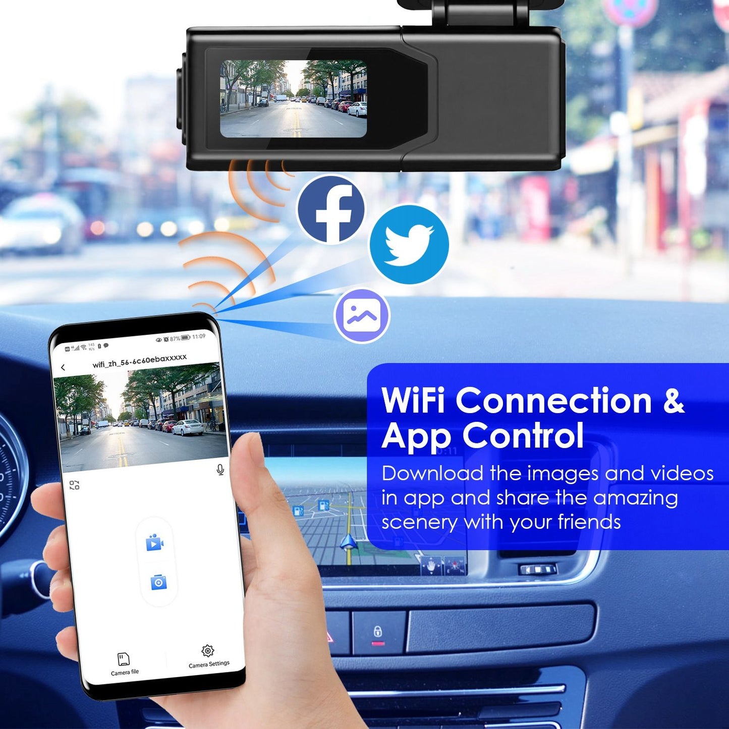 Car dashboard view with a smartphone displaying a WiFi-connected camera interface, showcasing app control features for downloading and sharing images and videos of scenic drives on social media platforms like Facebook and Twitter.