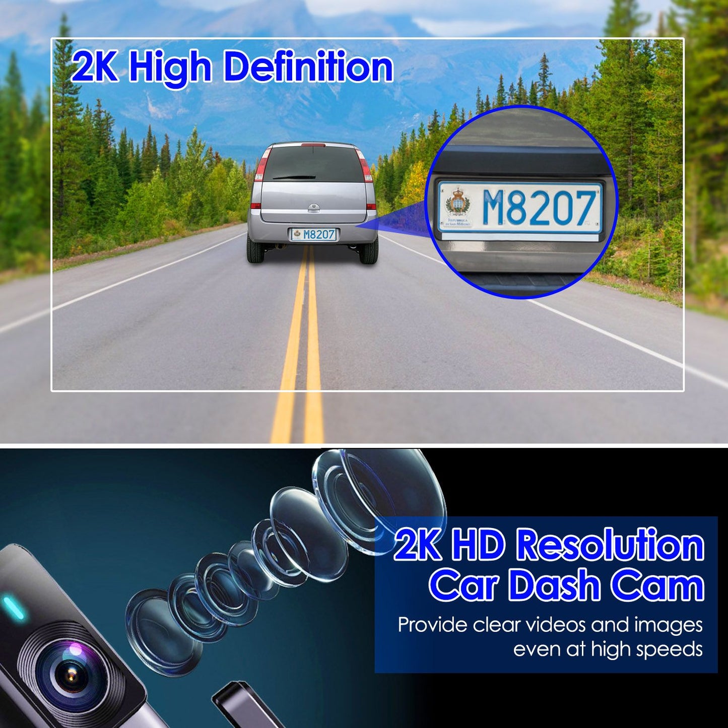 2K HD resolution car dash cam capturing clear video footage of a vehicle on a road, showcasing its ability to provide high-definition images even at high speeds.