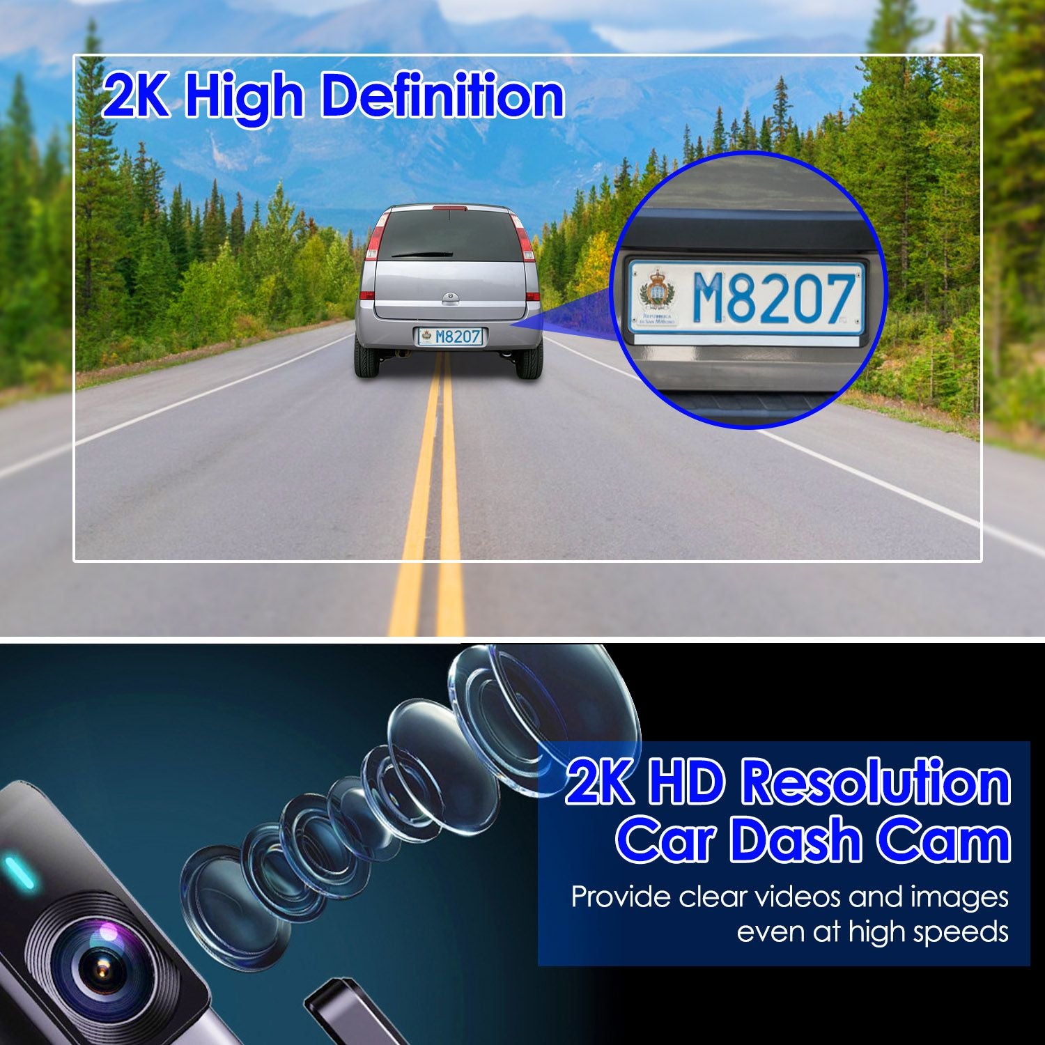 2K HD resolution car dash cam capturing clear video footage of a vehicle on a road, showcasing its ability to provide high-definition images even at high speeds.