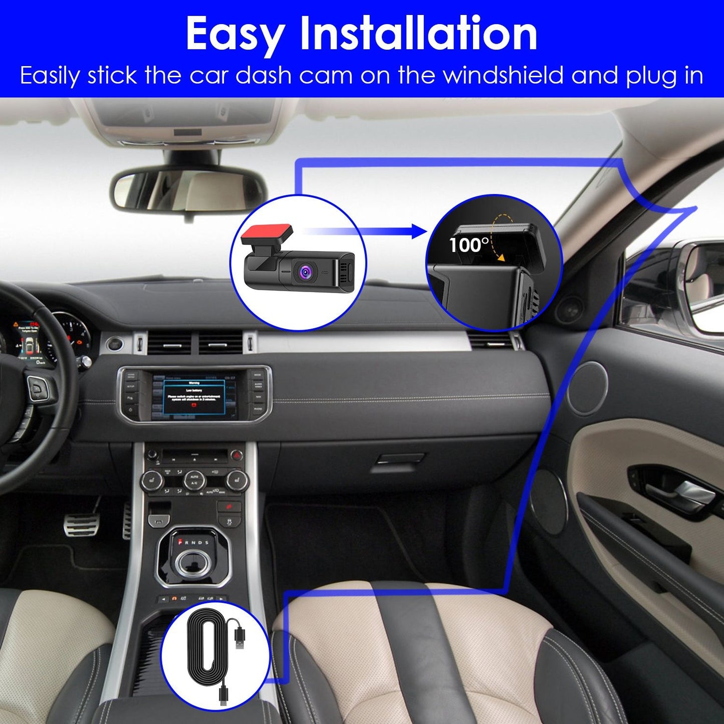 Interior view of a car dashboard featuring a dash cam installation guide, showing the dash cam on the windshield, a 100-degree viewing angle, and connection cables for easy setup.