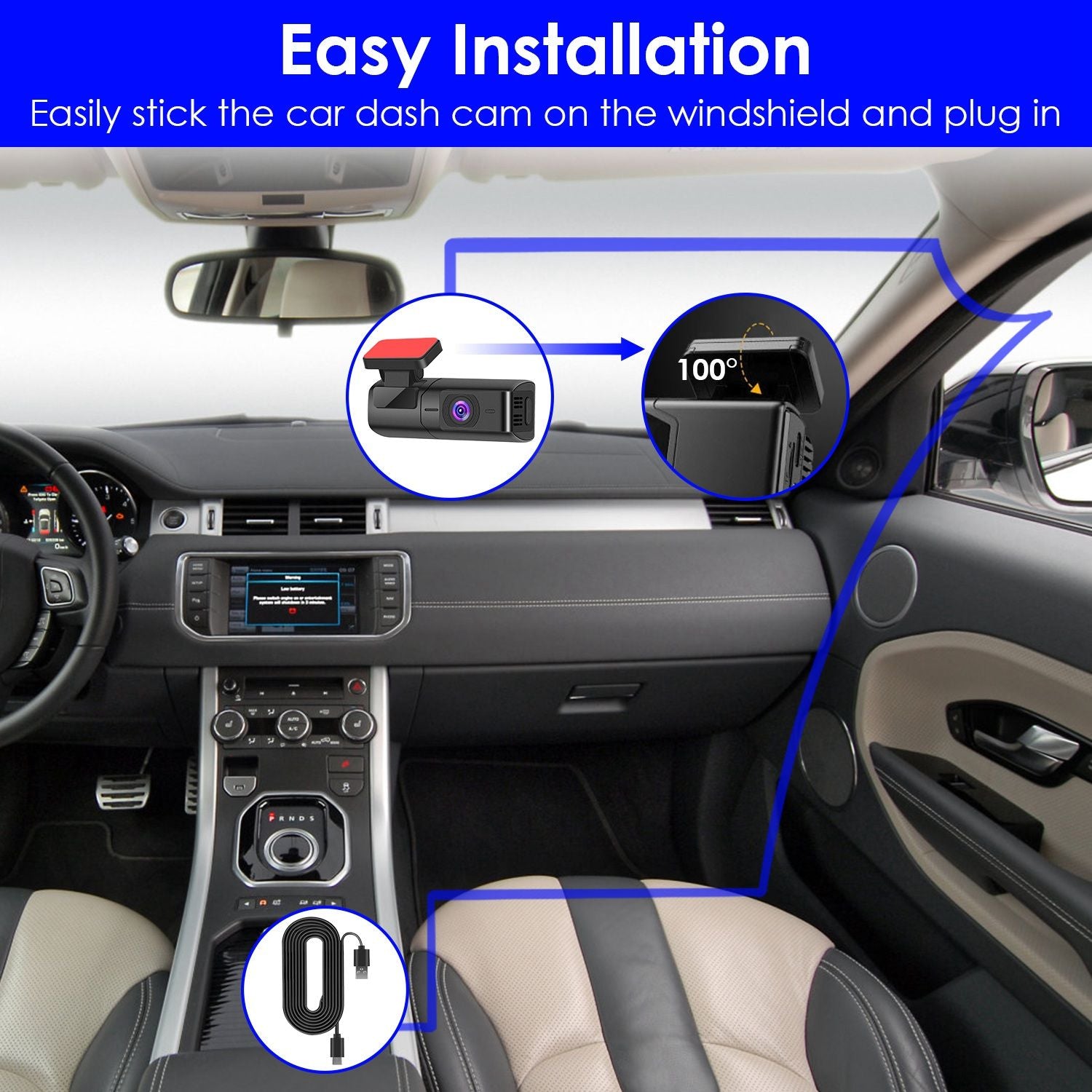 Interior view of a car dashboard featuring a dash cam installation guide, showing the dash cam on the windshield, a 100-degree viewing angle, and connection cables for easy setup.