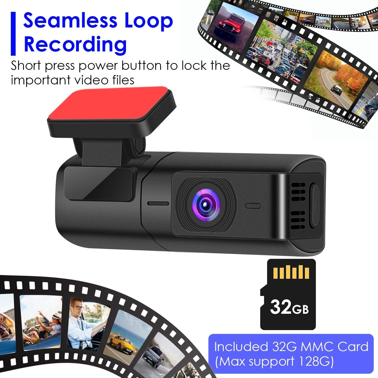 Dash camera with seamless loop recording feature and a vibrant lens, includes a 32GB MMC card, perfect for capturing important video files during your drive.