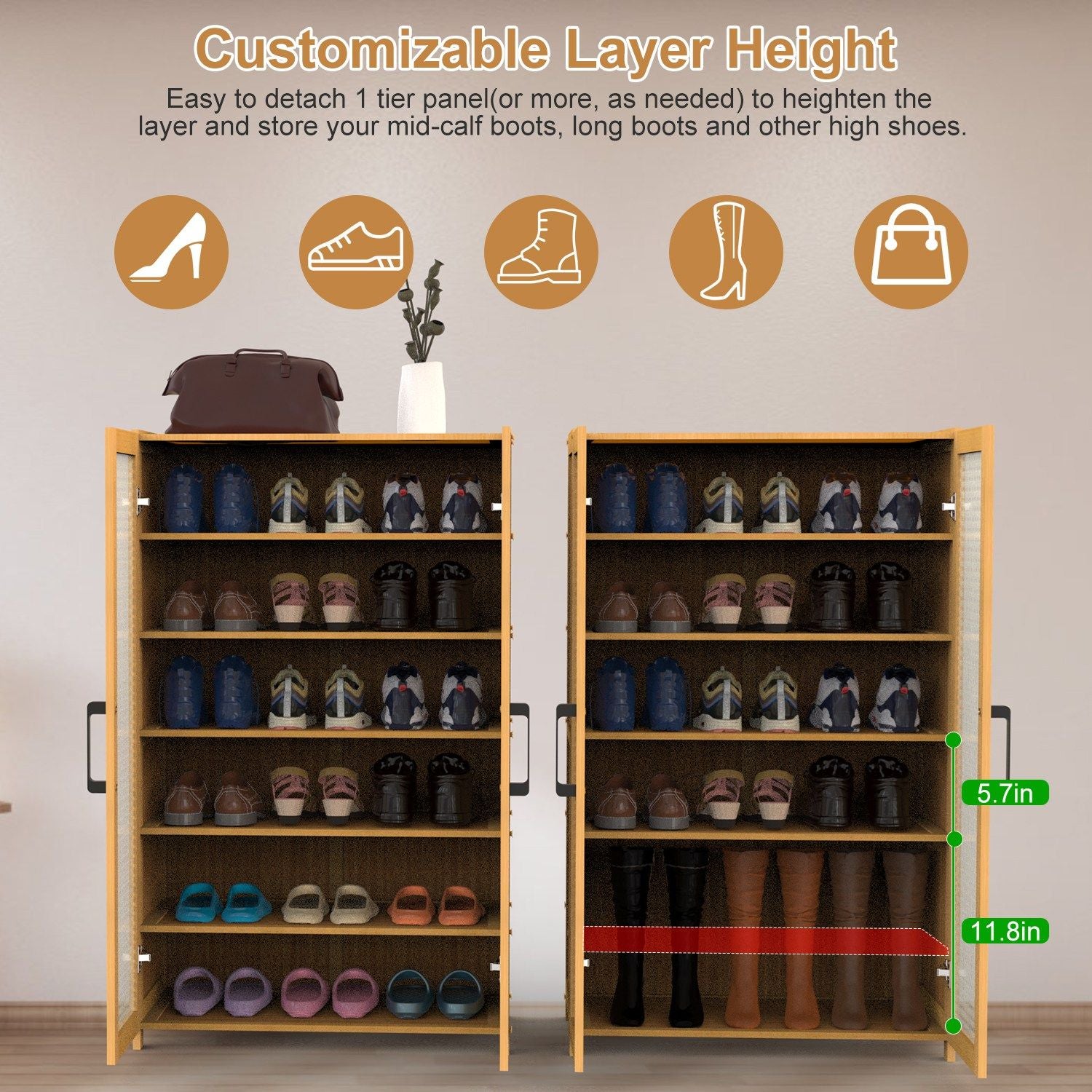 Wooden shoe storage organizer with customizable layer height options, showcasing a variety of shoes, including heels, sneakers, and boots, designed for efficient space-saving and easy access.