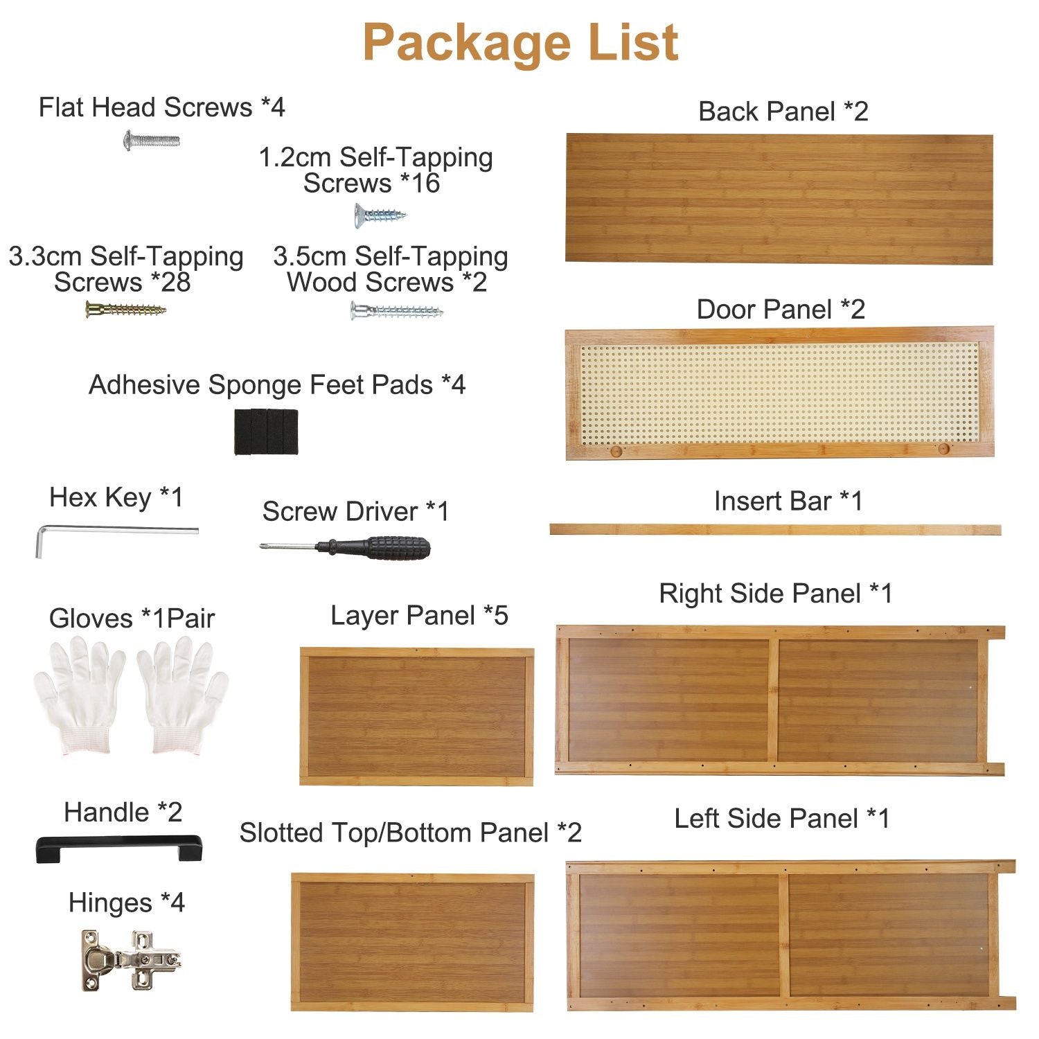 Image of a product package list detailing included components such as panels, screws, gloves, a screwdriver, and hardware for assembly.
