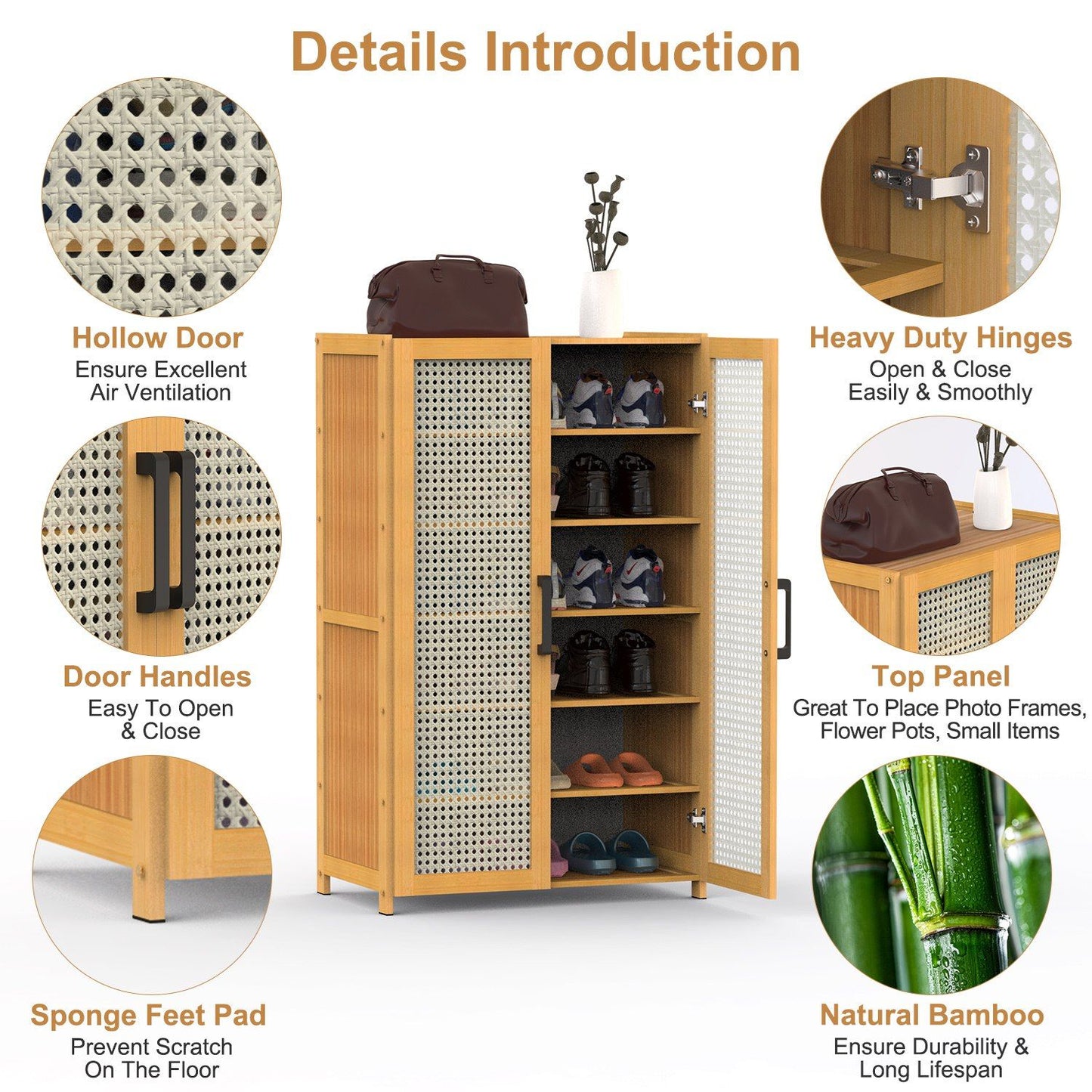 Bamboo storage cabinet with hollow doors for ventilation, heavy-duty hinges, easy-to-use door handles, sponge feet pads to prevent scratches, and a top panel for displaying items like photo frames and flower pots.