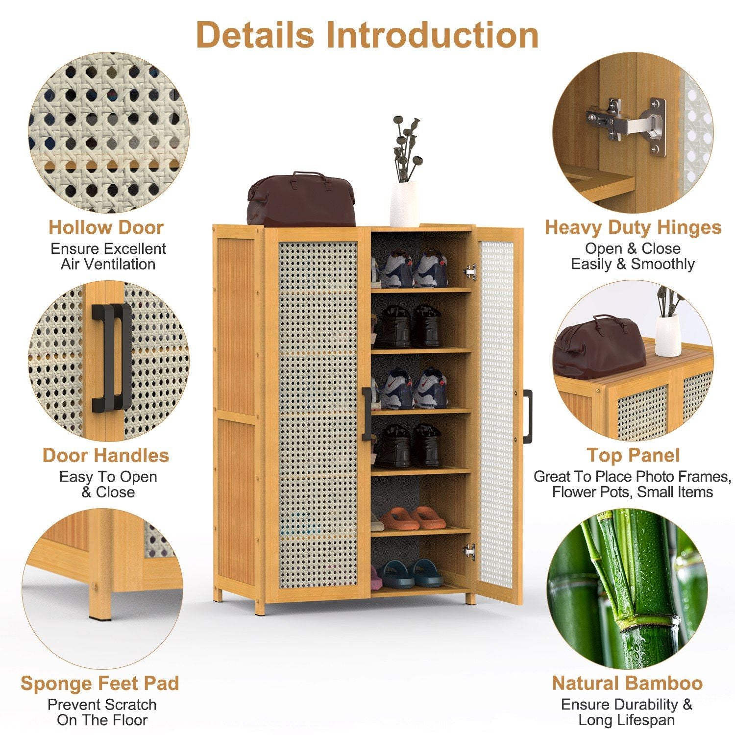 Bamboo storage cabinet with hollow doors for ventilation, heavy-duty hinges, easy-to-use door handles, sponge feet pads to prevent scratches, and a top panel for displaying items like photo frames and flower pots.