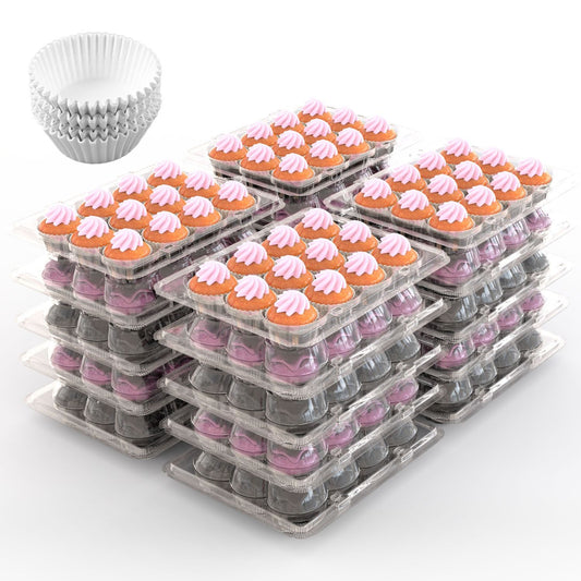 Colorful mini cupcakes with pink frosting arranged in clear plastic packaging, with additional white cupcake liners stacked in the background.
