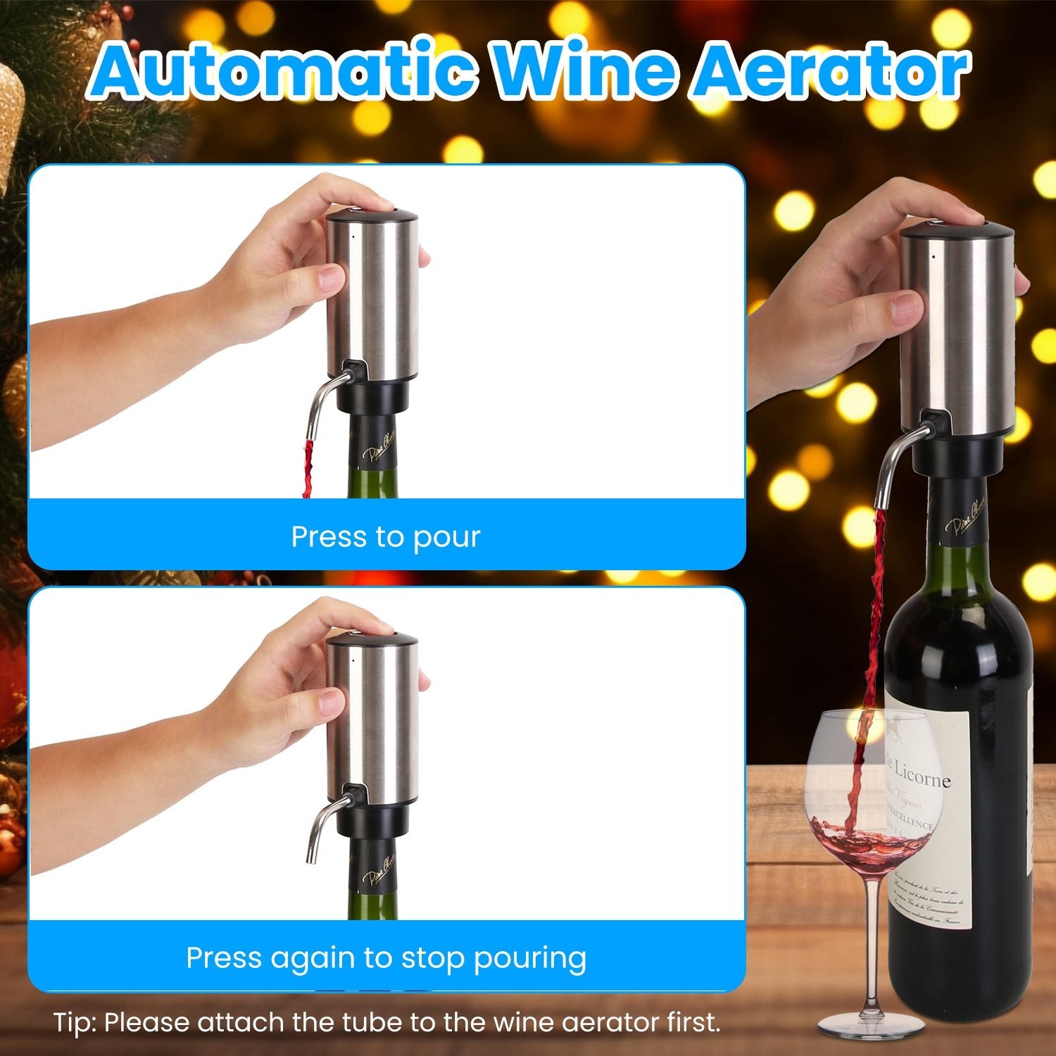 Automatic wine aerator in use, demonstrating the pouring mechanism by pressing the top button; red wine flowing smoothly from the aerator into a wine glass alongside a wine bottle, set against a festive background.