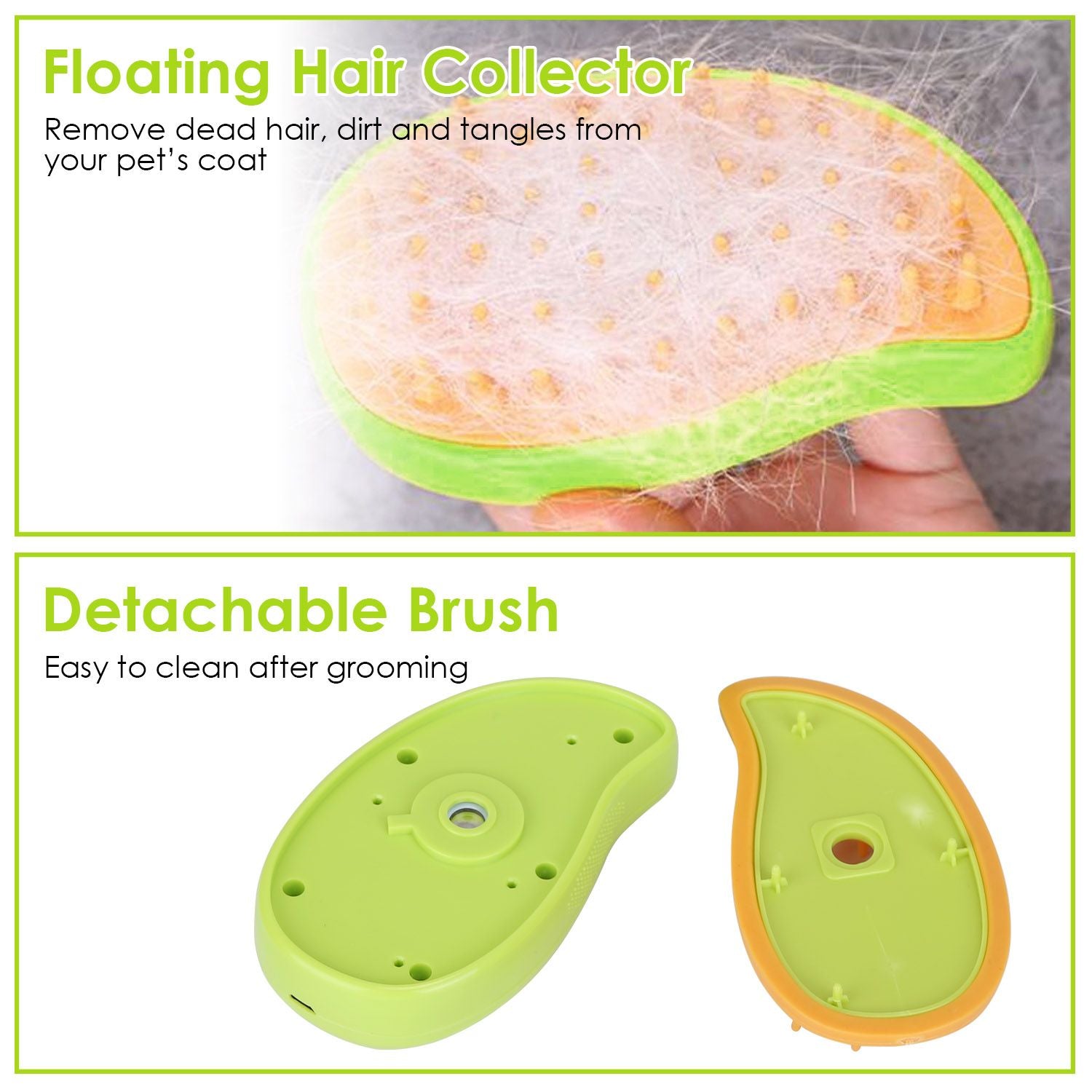 Pet grooming tool featuring a floating hair collector for removing dead hair and tangles, and a detachable brush for easy cleaning, ideal for maintaining your pet's coat.