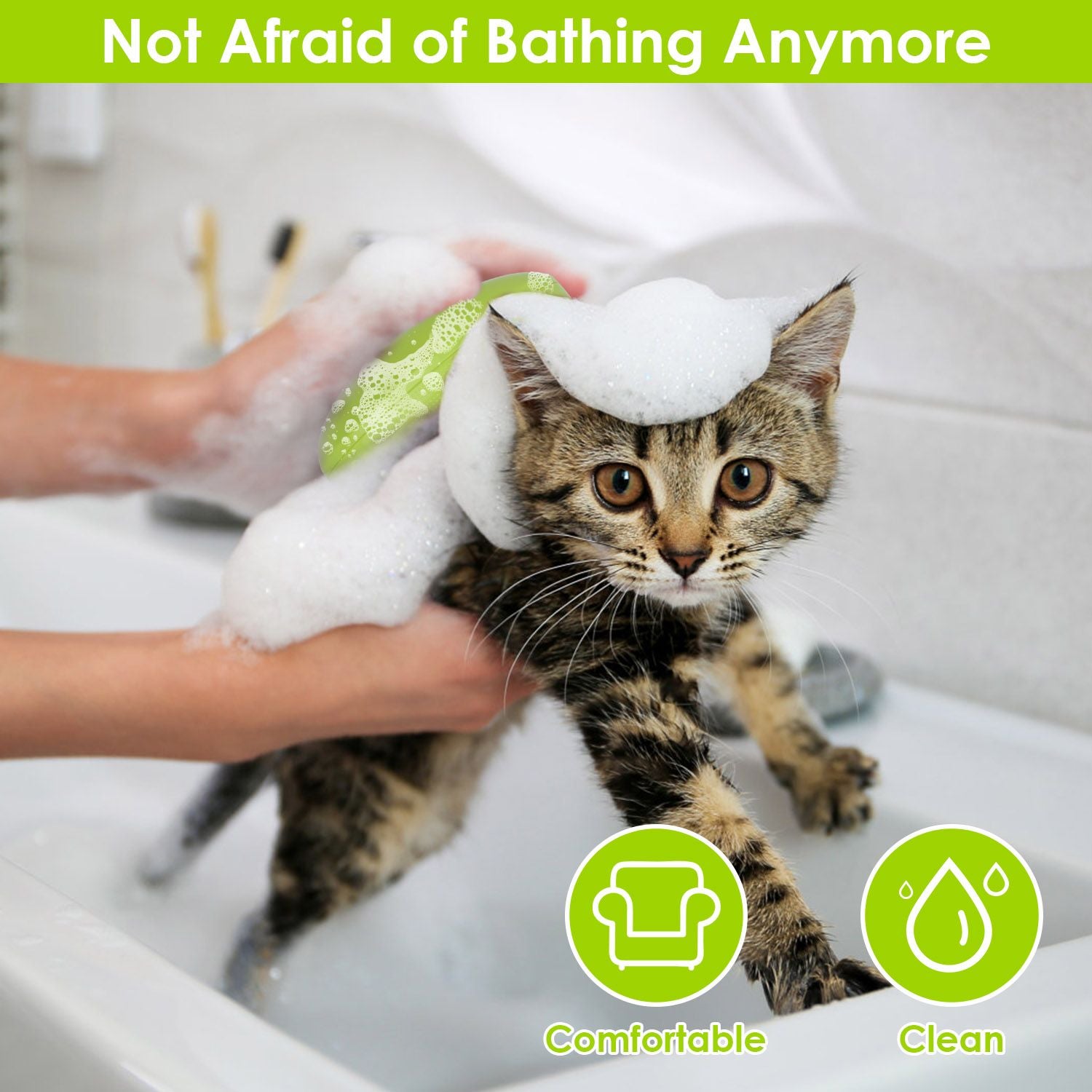 A fluffy tabby cat being bathed in a sink, covered in bubbles, with a person's hand gently holding it, illustrating a stress-free bathing experience.