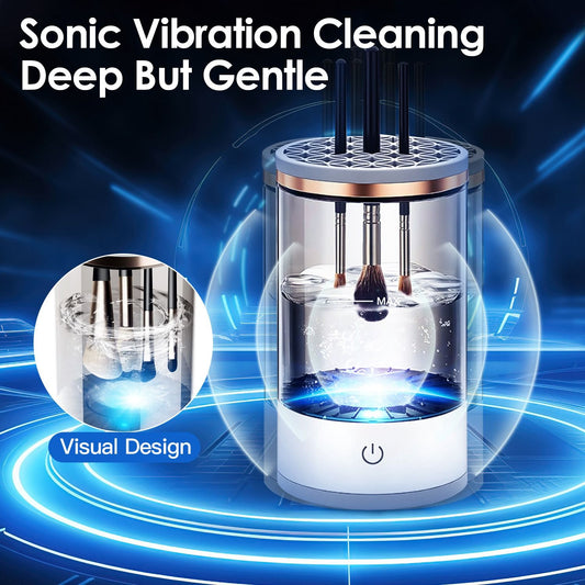 Sonic vibration brush cleaner with gentle yet deep cleaning action, featuring a transparent water chamber and brushes submerged in cleaning solution, highlighted by blue light effects.
