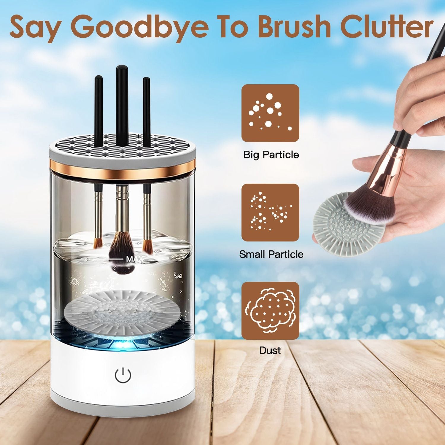 Automatic makeup brush cleaner with multiple slots for brush storage, showcasing the cleaning process for various particle sizes, set against a blurred blue background.