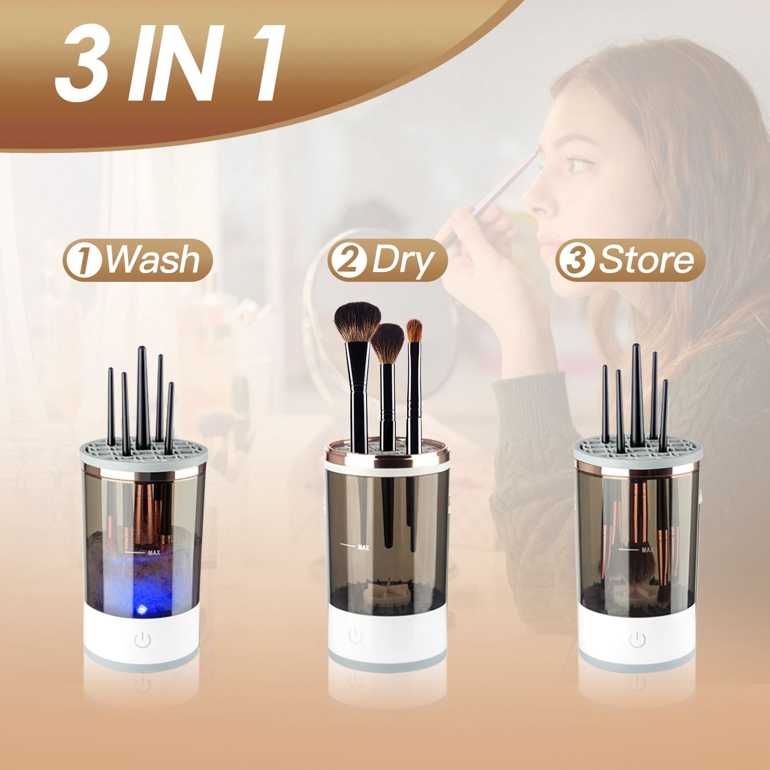 3-in-1 makeup brush cleaner and dryer, featuring a washing compartment and drying function, designed for efficient and effective cleaning of cosmetic brushes.