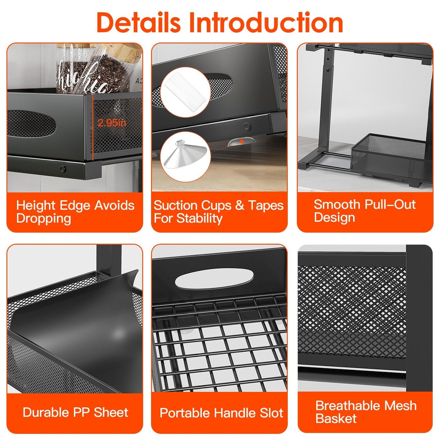 Mesh storage organizer with height edge for stability, suction cups, durable PP sheet, portable handle slot, and breathable mesh basket design.
