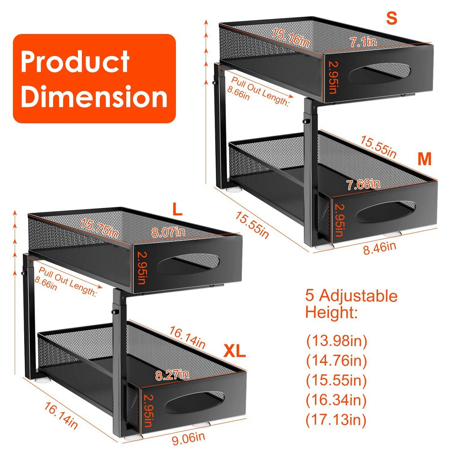 Dimensions of a stylish black mesh organizer with four sizes (S, M, L, XL) and five adjustable heights, ideal for efficient storage solutions.