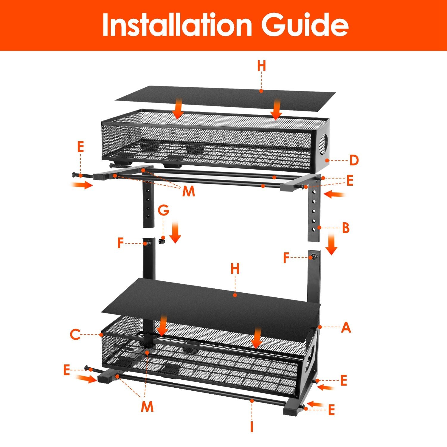Installation guide for a two-tier metal shelving unit, featuring labeled parts, diagrammatic arrows, and detailed instructions for assembly.