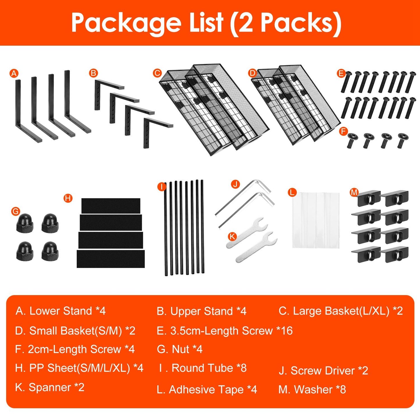 Assembly package list for two sets, featuring black metal stands, baskets, screws, nuts, and various tools, ideal for organizing space and DIY projects.