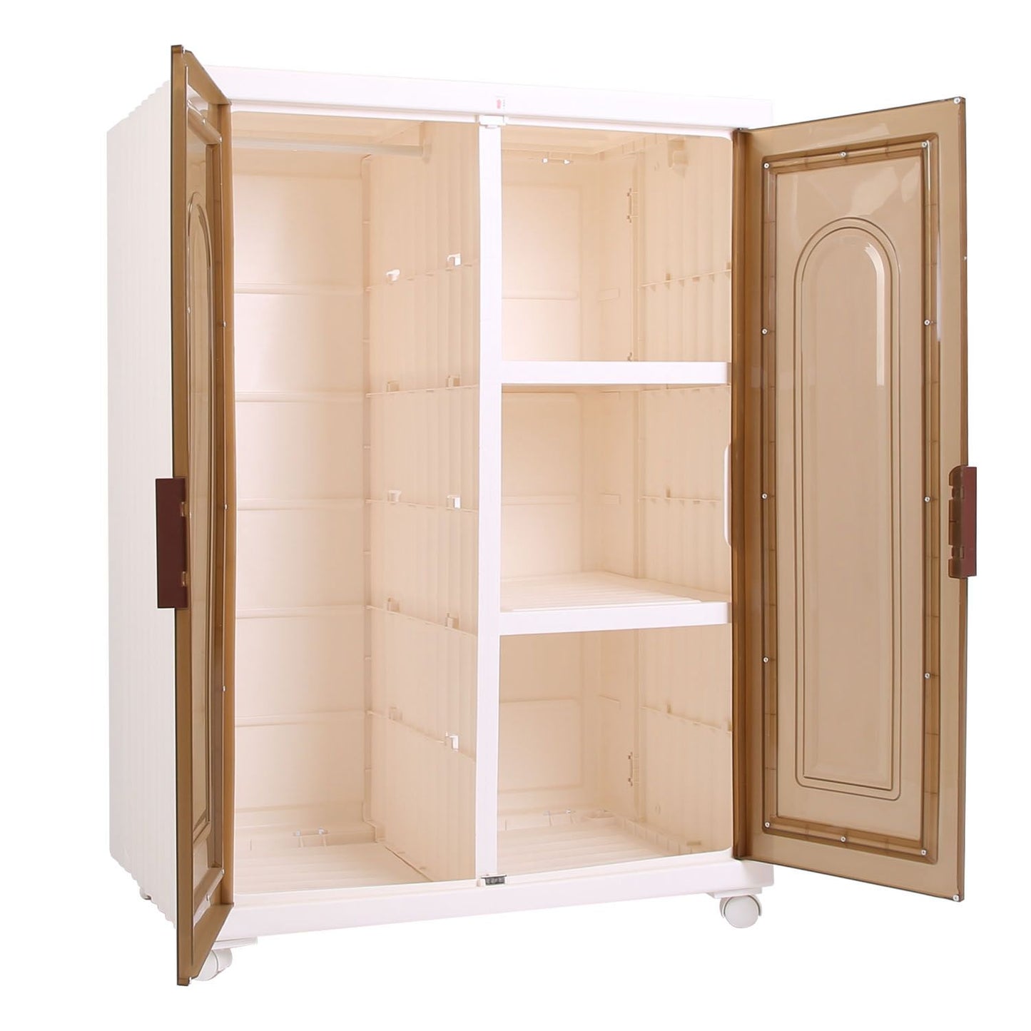 Large white storage cupboard with transparent brown doors, featuring multiple shelves for organization, ideal for kitchens or home storage solutions.