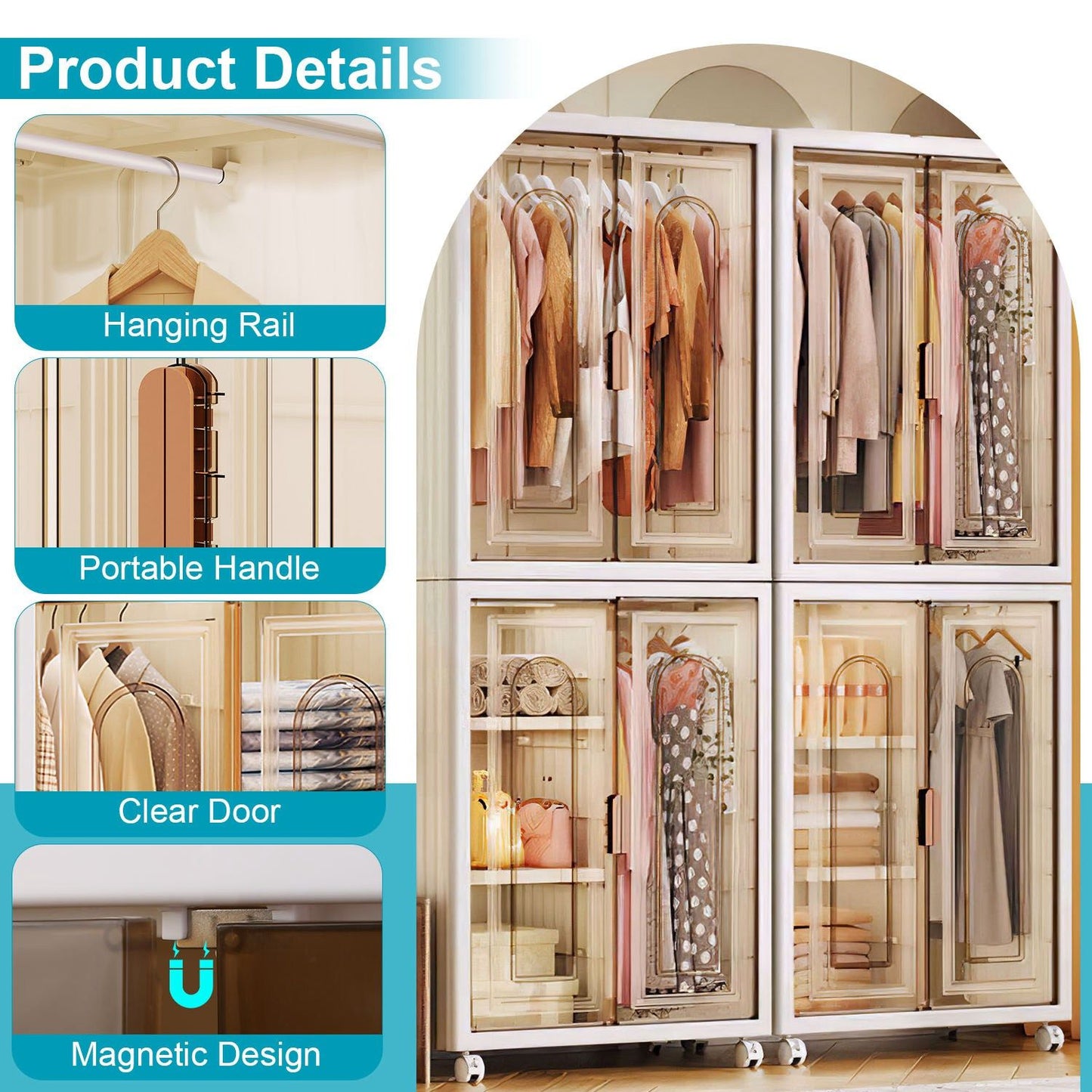 Product image of a stylish clear-door clothing storage cabinet with hanging rail, portable handle, and magnetic design, showcasing organized garments and accessories.