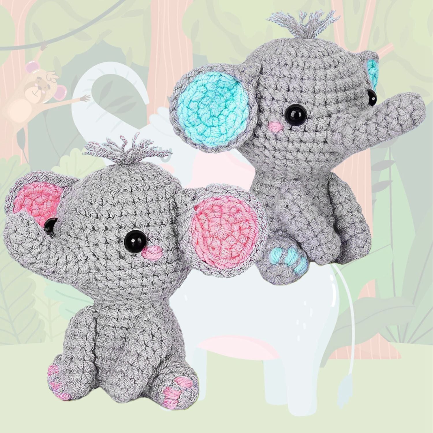 Crocheted gray elephant plush toys with pink and blue accents, sitting in a playful jungle background, ideal for kids' decor or as a gift.