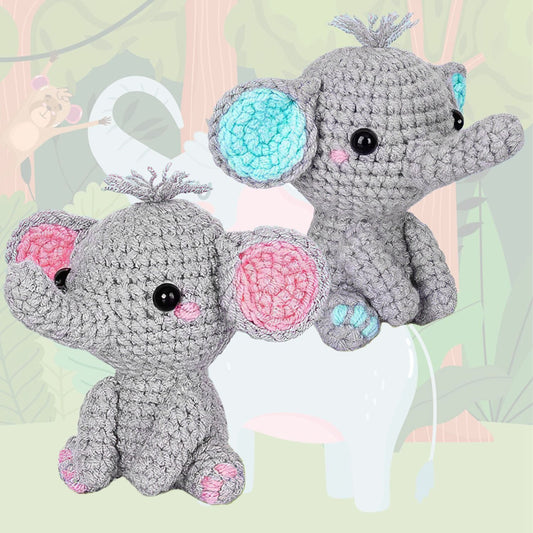 Crocheted gray elephant plush toys with pink and blue accents, sitting in a playful jungle background, ideal for kids' decor or as a gift.