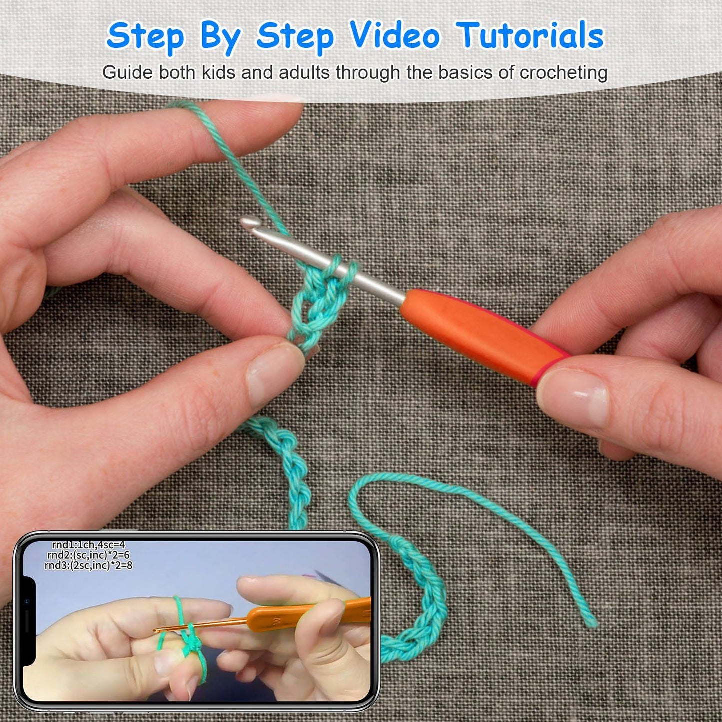 Hands demonstrating basic crochet techniques with a turquoise yarn and orange crochet hook, accompanied by a smartphone displaying a video tutorial for beginners.
