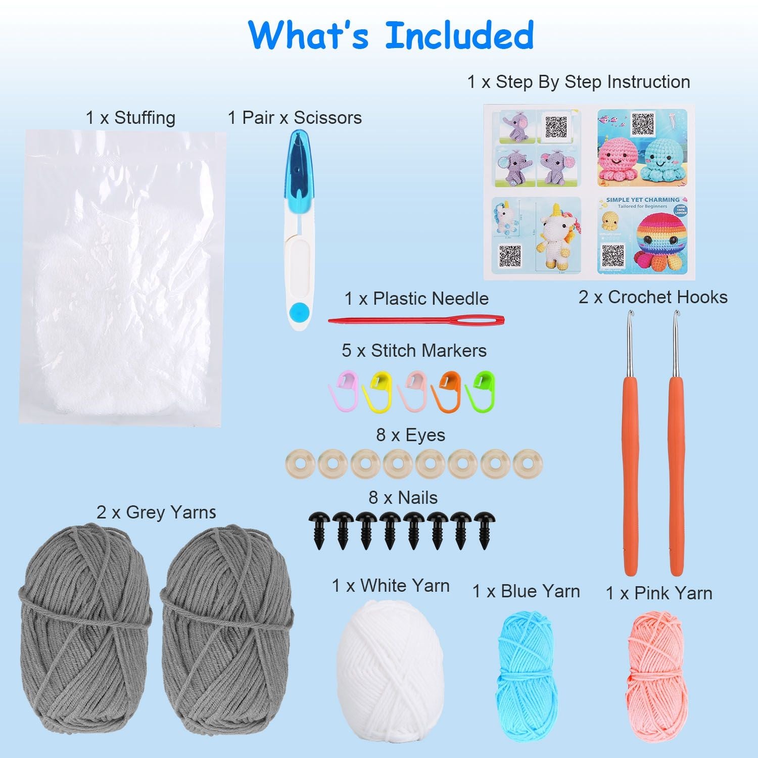 Crochet kit contents including stuffing, scissors, plastic needle, crochet hooks, yarns in various colors, stitch markers, eyes, and nails, displayed on a blue background.