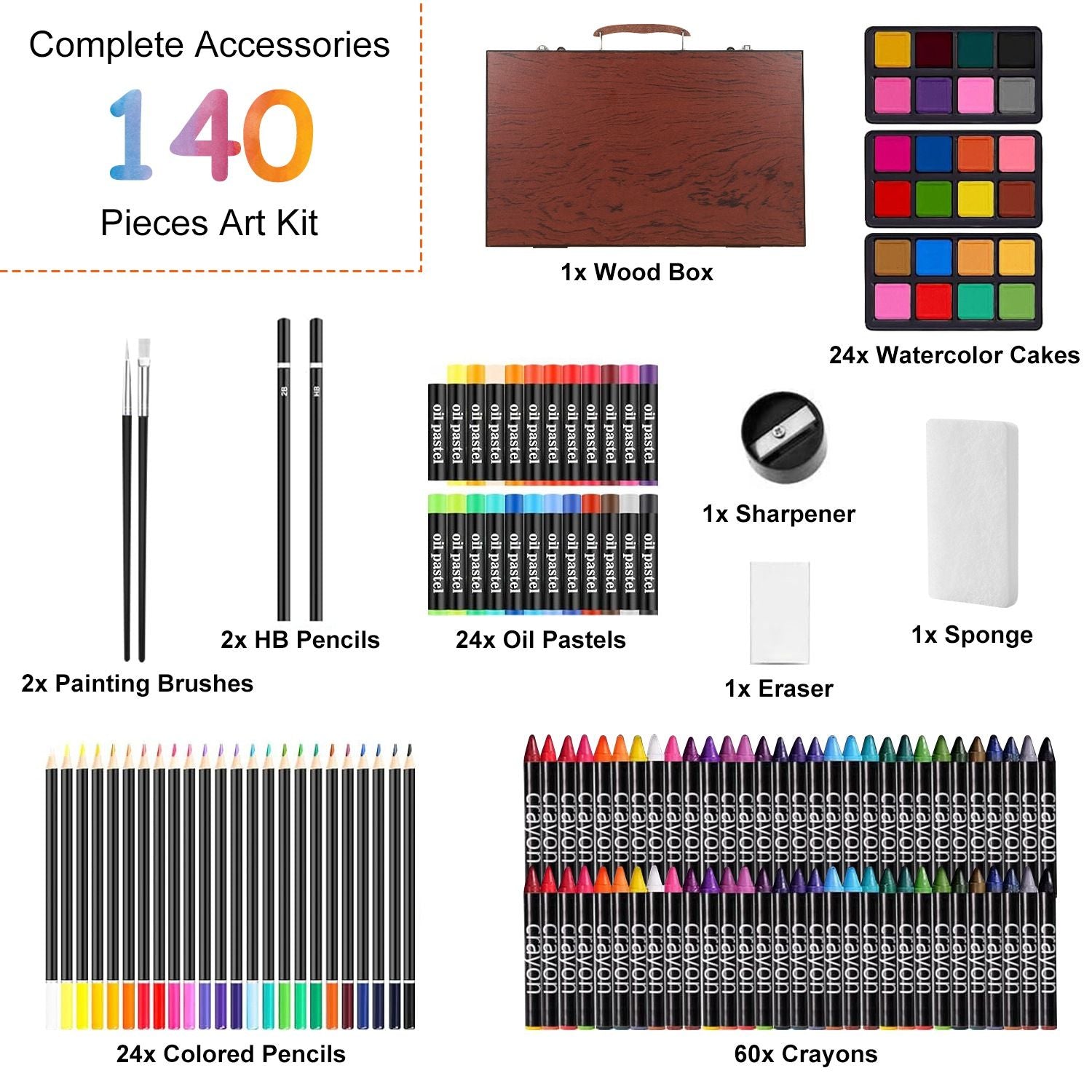 140-piece art kit including watercolor cakes, crayons, colored pencils, oil pastels, brushes, and accessories neatly arranged in a wooden box.