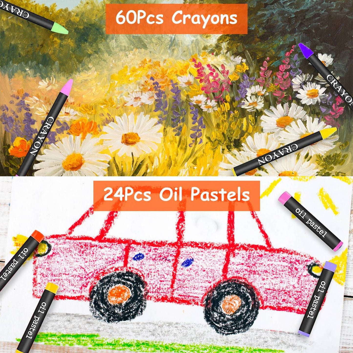 Colorful art supplies set featuring 60 vibrant crayons and 24 oil pastels, displayed alongside colorful children's drawings, highlighting creativity and artistic expression.
