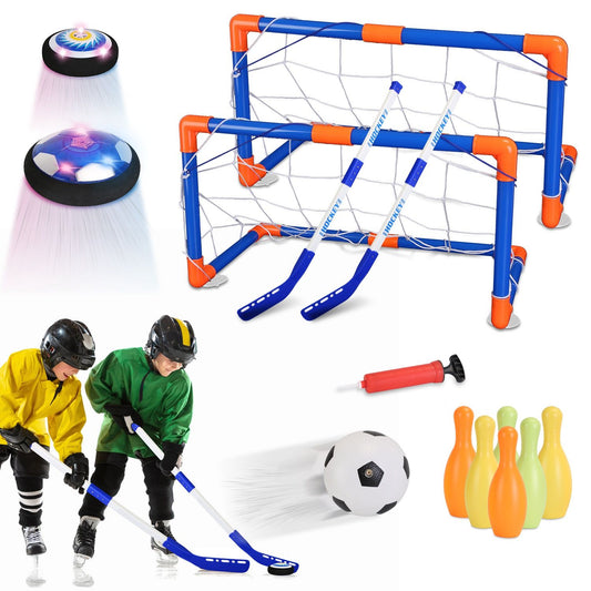 Colorful hockey and soccer playset featuring two mini goals, two hockey sticks, a soccer ball, a pump, and bowling pins, ideal for outdoor play and sports activities for kids.