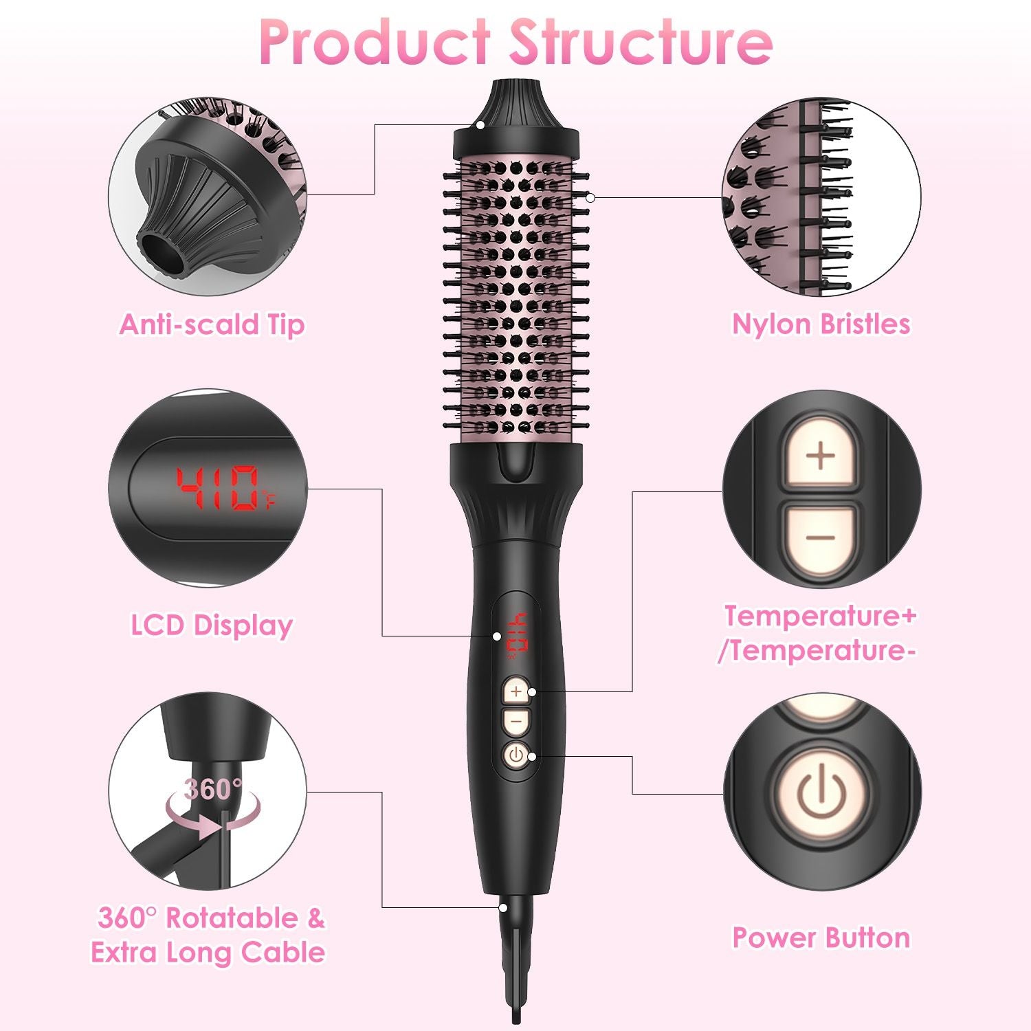 Electric hair brush with anti-scald tip, nylon bristles, LCD display, adjustable temperature controls, and a 360° rotatable cable for effortless styling.