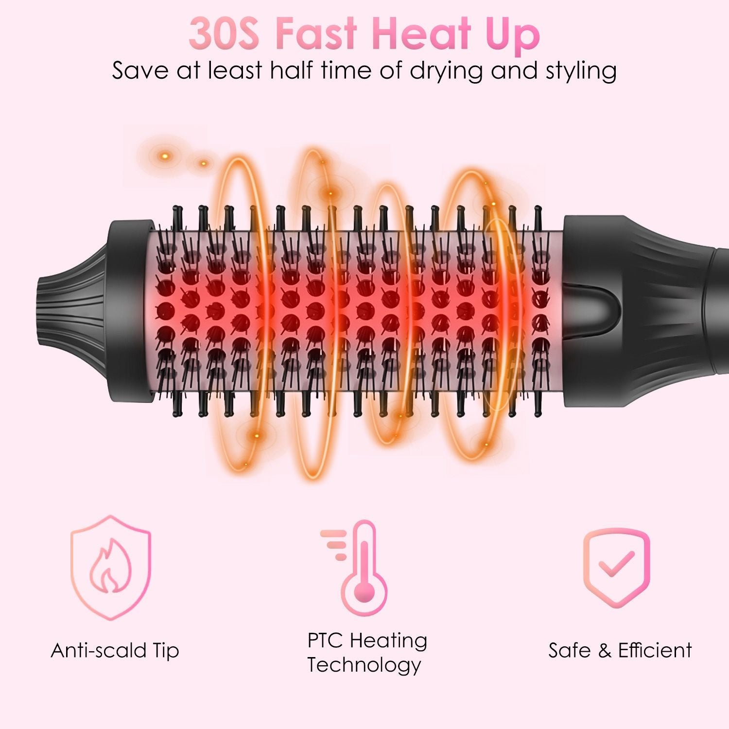30-second fast heat-up hair styling tool with anti-scald tip and PTC heating technology for efficient drying and styling, featuring a sleek design on a pink background.