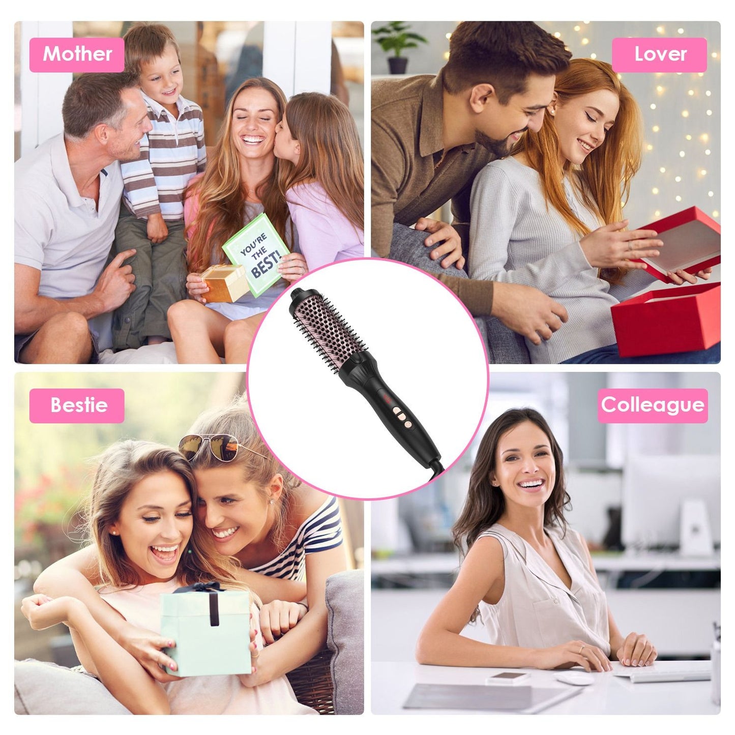 Electric hairbrush styling tool surrounded by diverse groups of people representing various relationships, including mother, best friend, lover, and colleague, celebrating moments of connection and gifting.