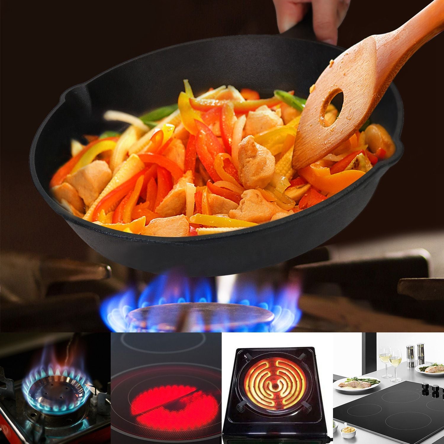 A cast iron skillet filled with colorful sautéed vegetables and chicken being stirred with a wooden spoon, cooking over a gas flame, showcasing the versatility of various stovetops.