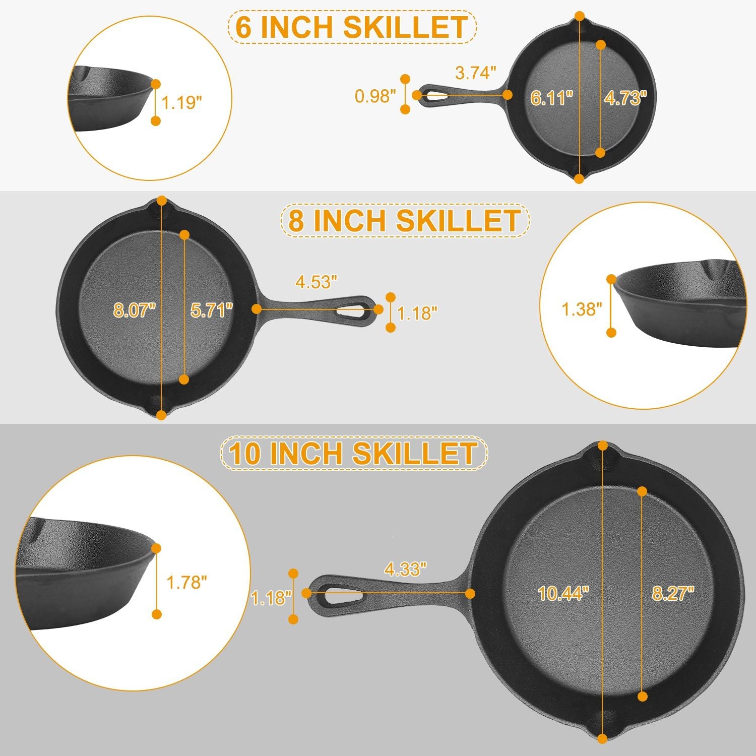 Image showing three cast iron skillets of different sizes (6-inch, 8-inch, and 10-inch) with dimensions labeled in inches, ideal for cooking enthusiasts looking for versatile cookware options.